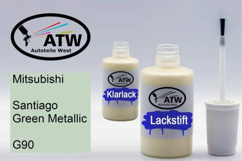 Mitsubishi, Santiago Green Metallic, G90: 20ml Lackstift + 20ml Klarlack - Set, von ATW Autoteile West.